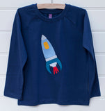 Rocket - Navy blue, long-sleeved organic cotton t-shirt for kids with hand applique rocket on the front. - isabee.co.uk