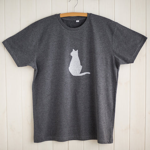 Charcoal grey melange unisex or men's fit t-shirt featuring a paler grey cat design. Cat is sitting upright and looking aloof. - isabee.co.uk 