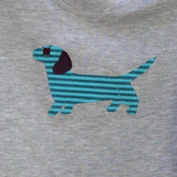 Baby Dachshund - long sleeved t-shirt with hand applique dog on the front in fine stripe turquoise - isabee.co.uk