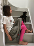 Pink leggings for kids - organic cotton/elastine worn with Elephant T-shirt and Grey Striped skirt - isabee.co.uk